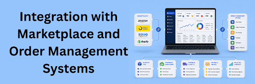 Marketplace and order management system integration with Amazon, Noon, Shopify, inventory sync, shipping, and analytics dashboard